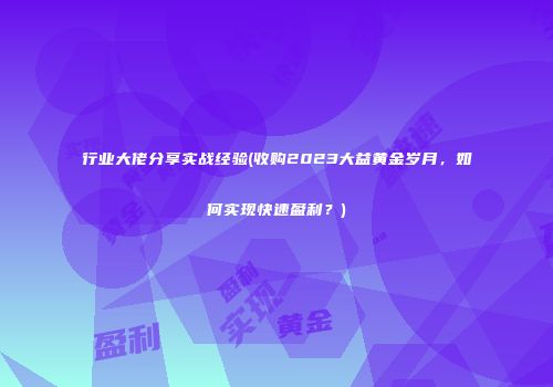 行业大佬分享实战经验(收购2023大益黄金岁月，如何实现快速盈利？)