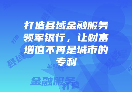 打造县域金融服务领军银行，让财富增值不再是城市的专利